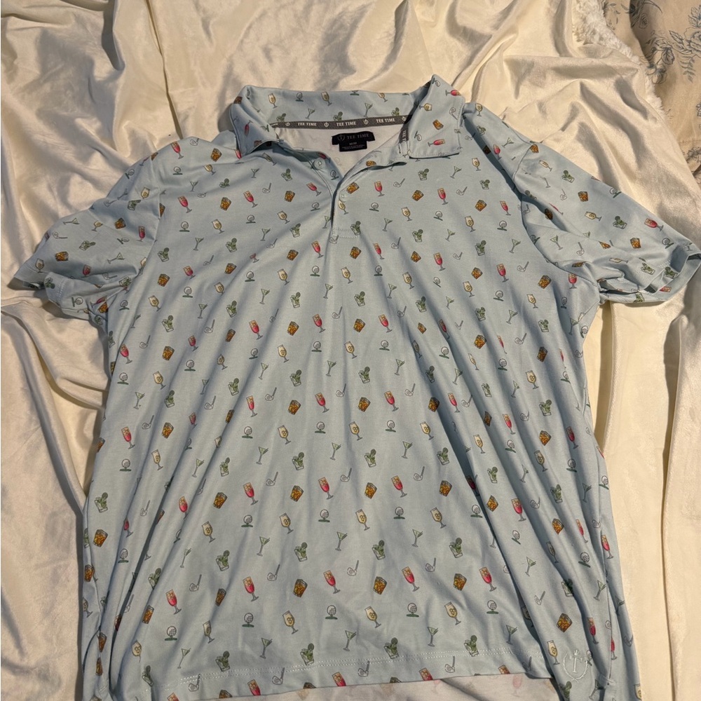 Light Blue Tee Time Collared Shirt with Drink and Golf Pattern